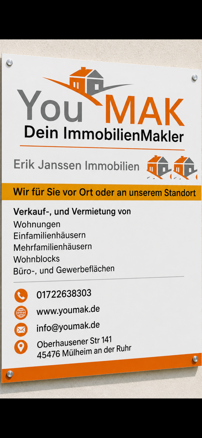 Firmenschild von Youmak Immobilien — Erik Janssen Immobilien, Oberhausener Straße 141, 45476 Mülheim an der Ruhr